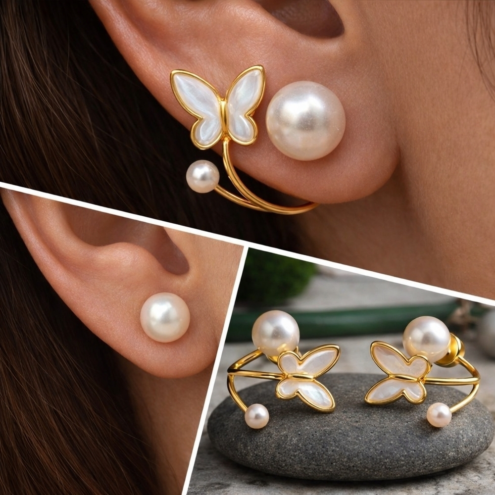 Gold Butterfly Pearl Ear Climbers 2-in-1 Hypoallergenic Enamel Jackets Studs
